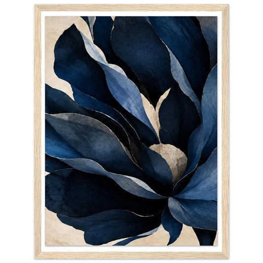 Oversized navy blue flower petals on a textured cream background in a natural wood frame.