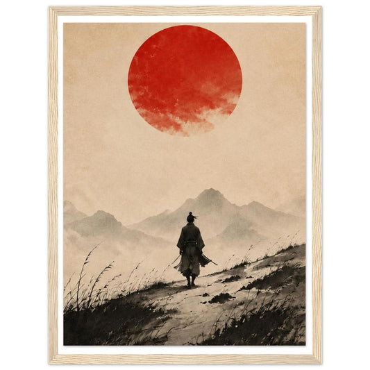 Lone samurai on a mountain path beneath a large red sun in a beige sky in a natural wood frame.