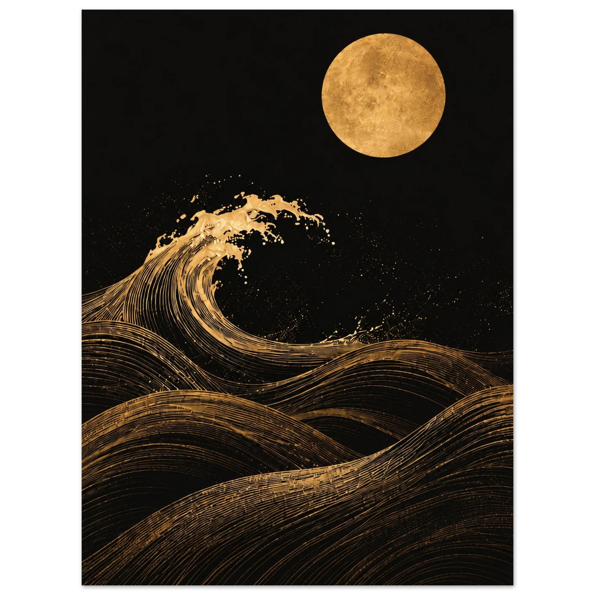 Gold-toned curling wave and full moon against a black night sky as an unframed poster.