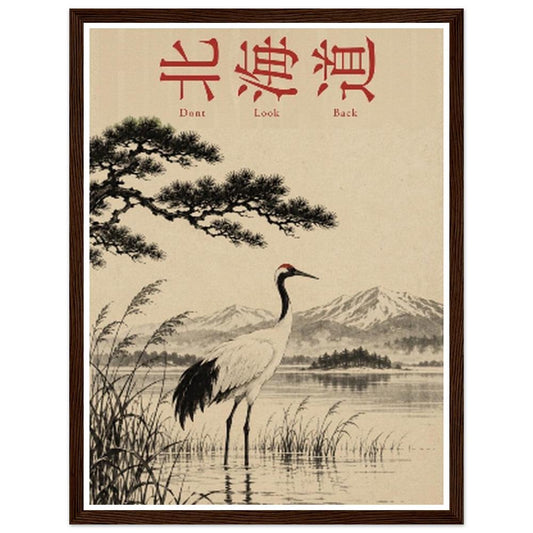 Crane among lakeside reeds beneath pine branches and red Hokkaido lettering in a dark wood frame.