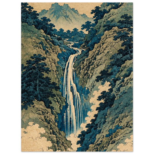 Tall waterfall between blue-green wooded cliffs with mountains in the distance as an unframed poster.