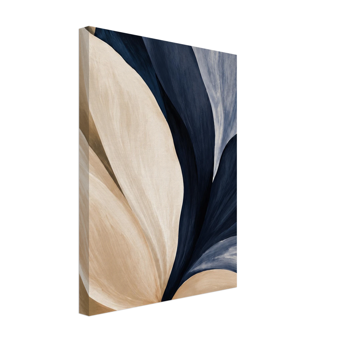 Overlapping navy, blue-grey and cream flower petals in close-up as a canvas print.