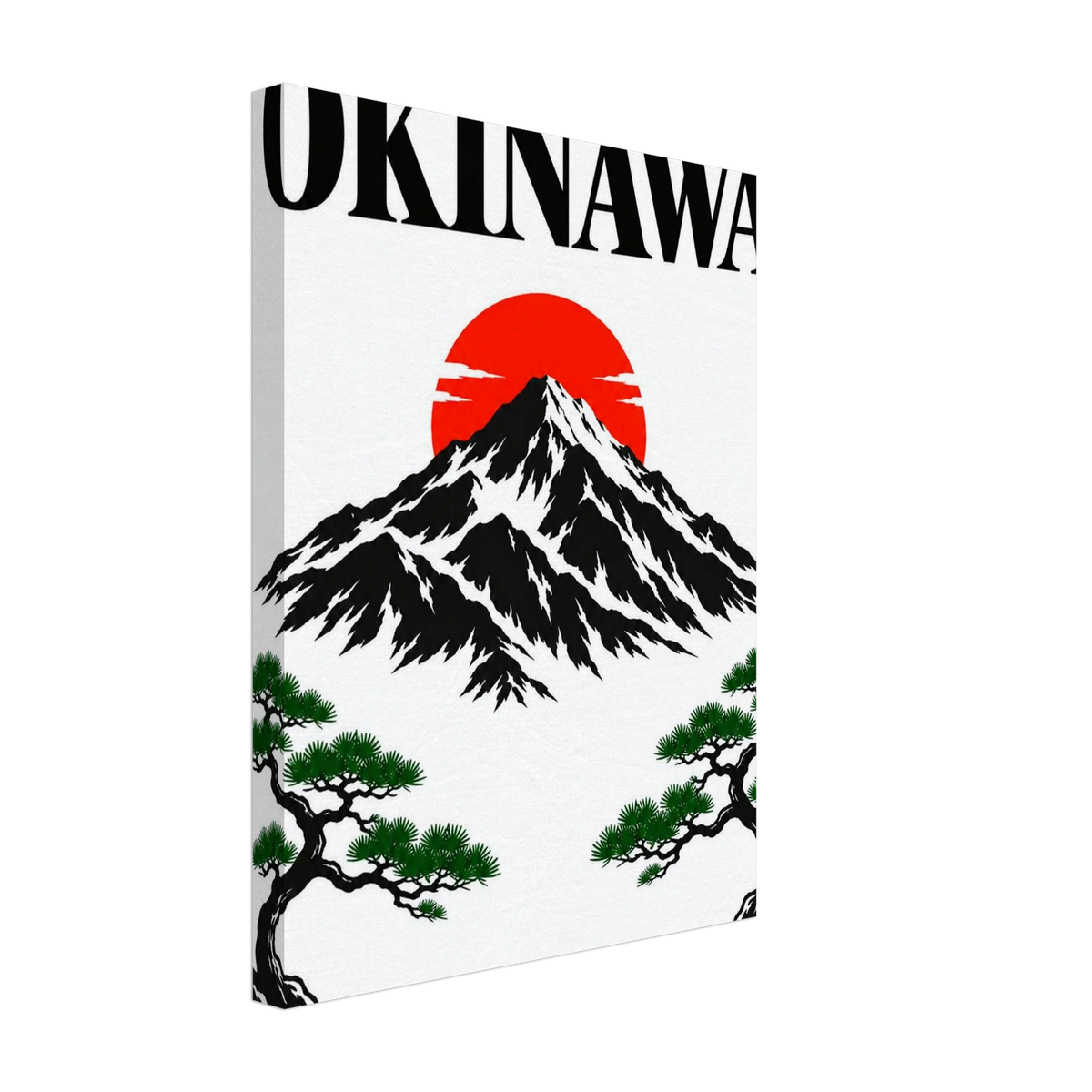 Black mountain beneath a red sun, green pine branches and bold Okinawa lettering printed on canvas.