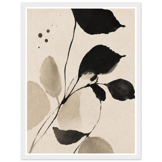 Black and taupe leaves on slender stems against a cream background in a white frame.