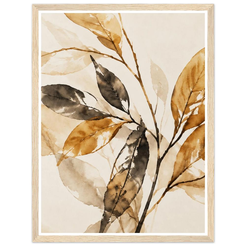 Ochre, charcoal and beige leaves on delicate branches against cream in a natural wood frame.
