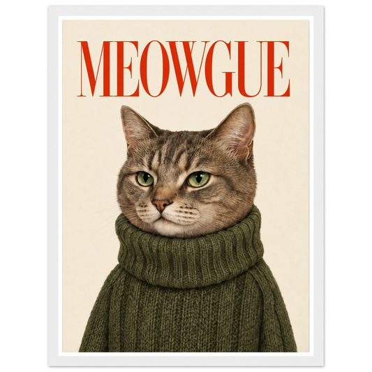Green-eyed tabby cat in an olive jumper beneath red MEOWGUE lettering in a white frame.