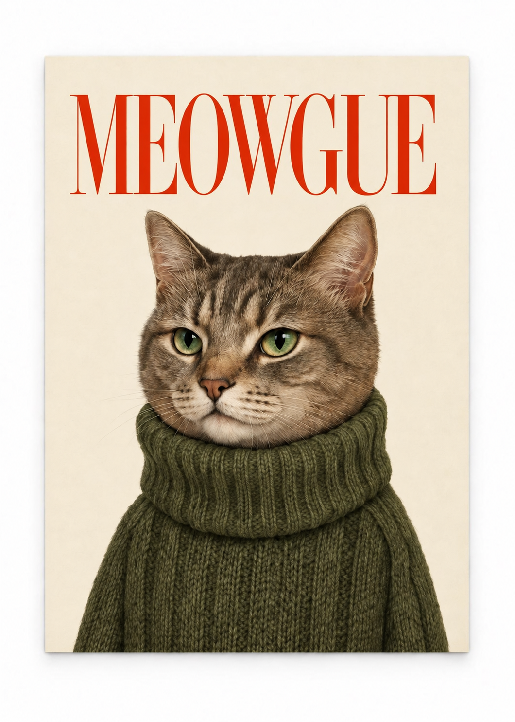 Green-eyed tabby cat in an olive jumper beneath red MEOWGUE lettering as an unframed poster.
