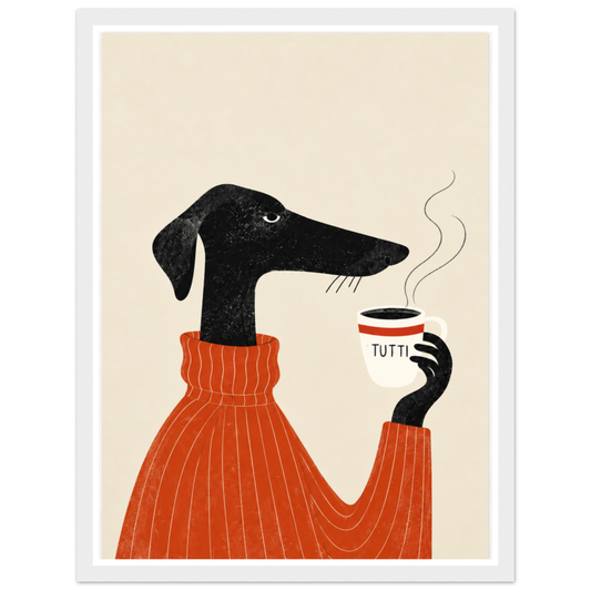 Black dachshund in an orange jumper holding a steaming coffee cup in a white frame.