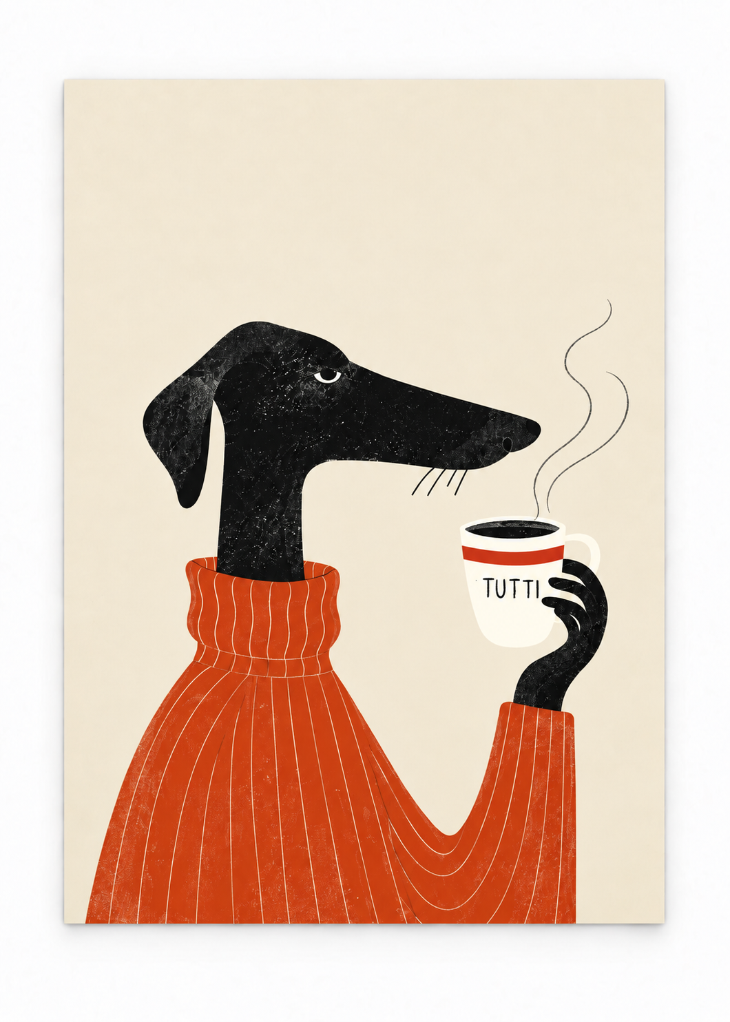 Black dachshund in an orange jumper holding a steaming coffee cup as an unframed poster.