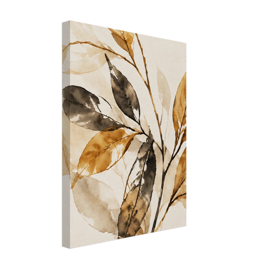Ochre, charcoal and beige leaves on delicate branches against cream as a canvas print.