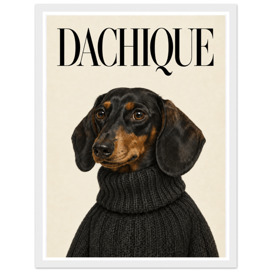 Black-and-tan dachshund in a dark knitted jumper beneath DACHIQUE lettering in a white frame.