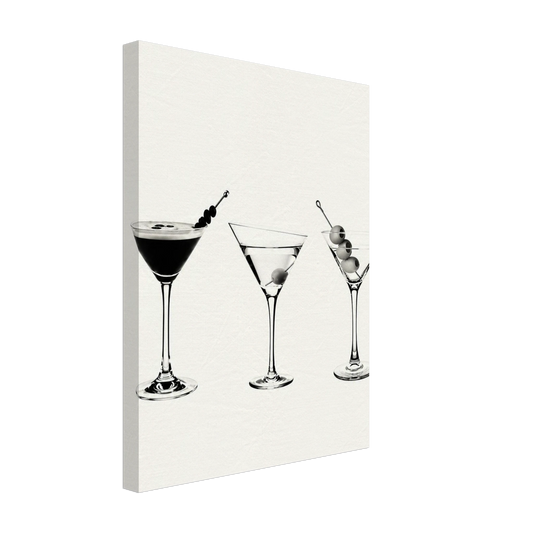 Three martini glasses with cocktail garnishes on a cream background printed on canvas.