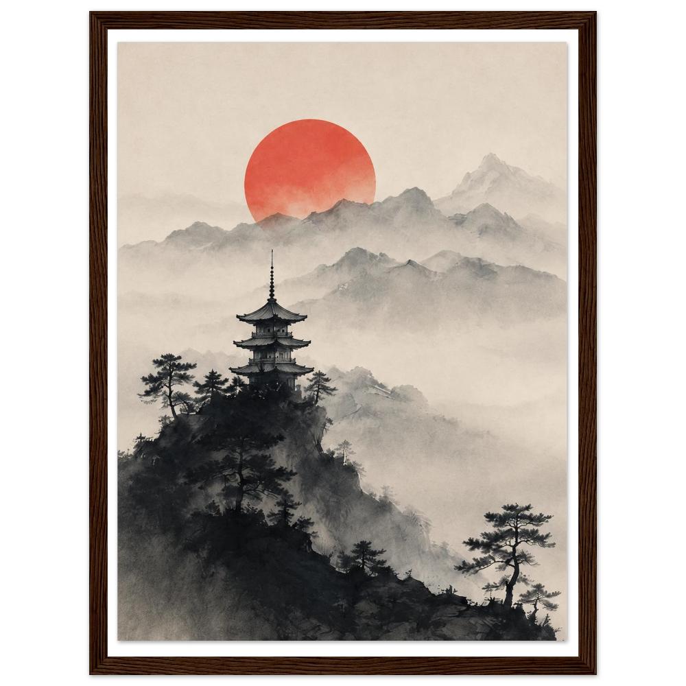 Pagoda above dark pine trees, misty mountains and a red sun on a cream sky in a dark wood frame.