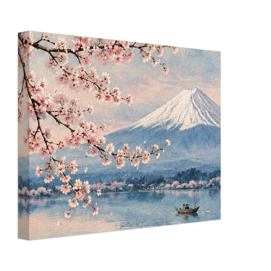 Pink cherry blossoms framing snow-capped Mount Fuji above a blue lake printed on canvas.