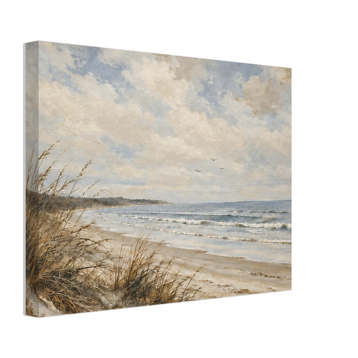 Beach grasses on sandy dunes beside gentle waves under a cloudy blue sky as a canvas print.