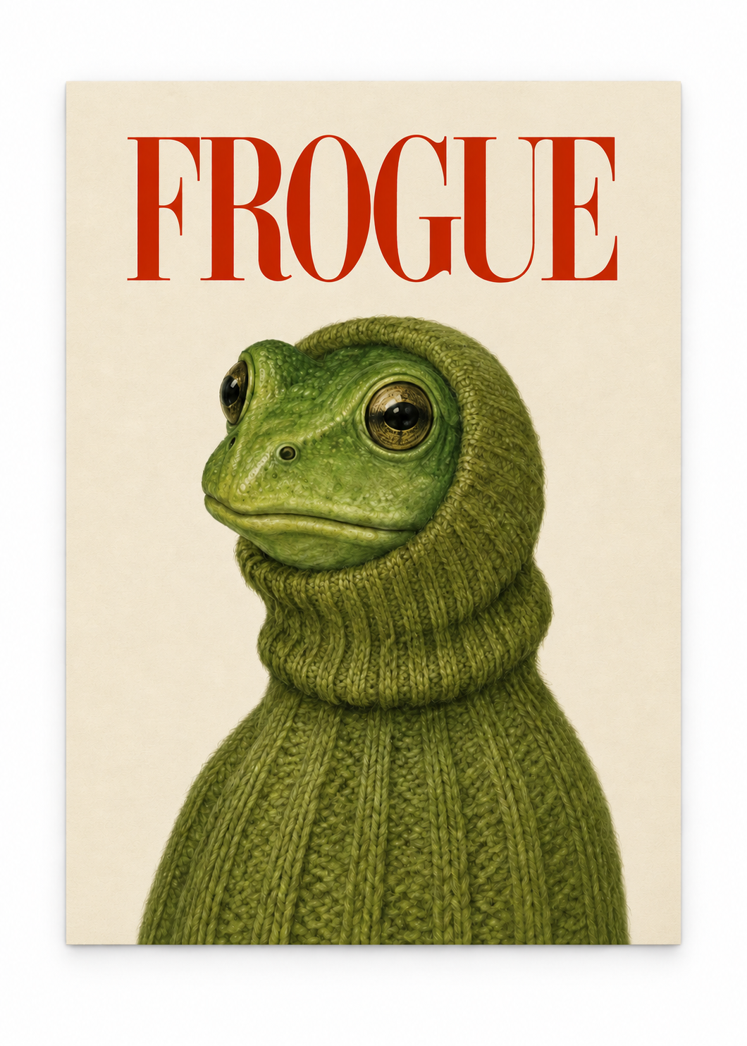 Green frog in a chunky green turtleneck beneath red FROGUE lettering as an unframed poster.