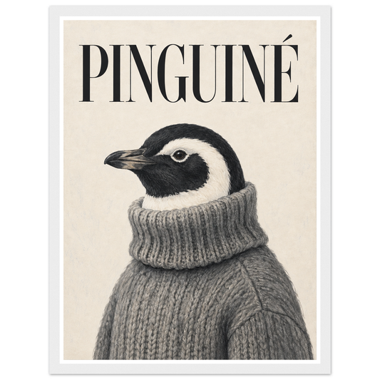 Black-and-white penguin in a grey knitted jumper beneath PINGUINÉ lettering in a white frame.