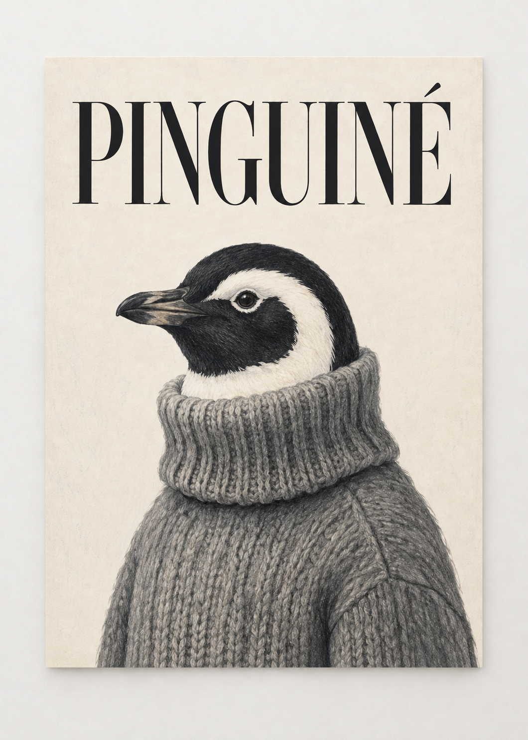 Black-and-white penguin in a grey knitted jumper beneath PINGUINÉ lettering as an unframed poster.