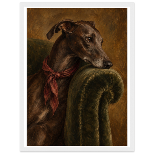 Brindle greyhound with a rust-red scarf resting on a green velvet chair in a white frame.