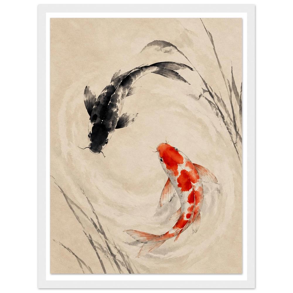 Red and black koi fish circling on a beige background with delicate reeds in a white frame.
