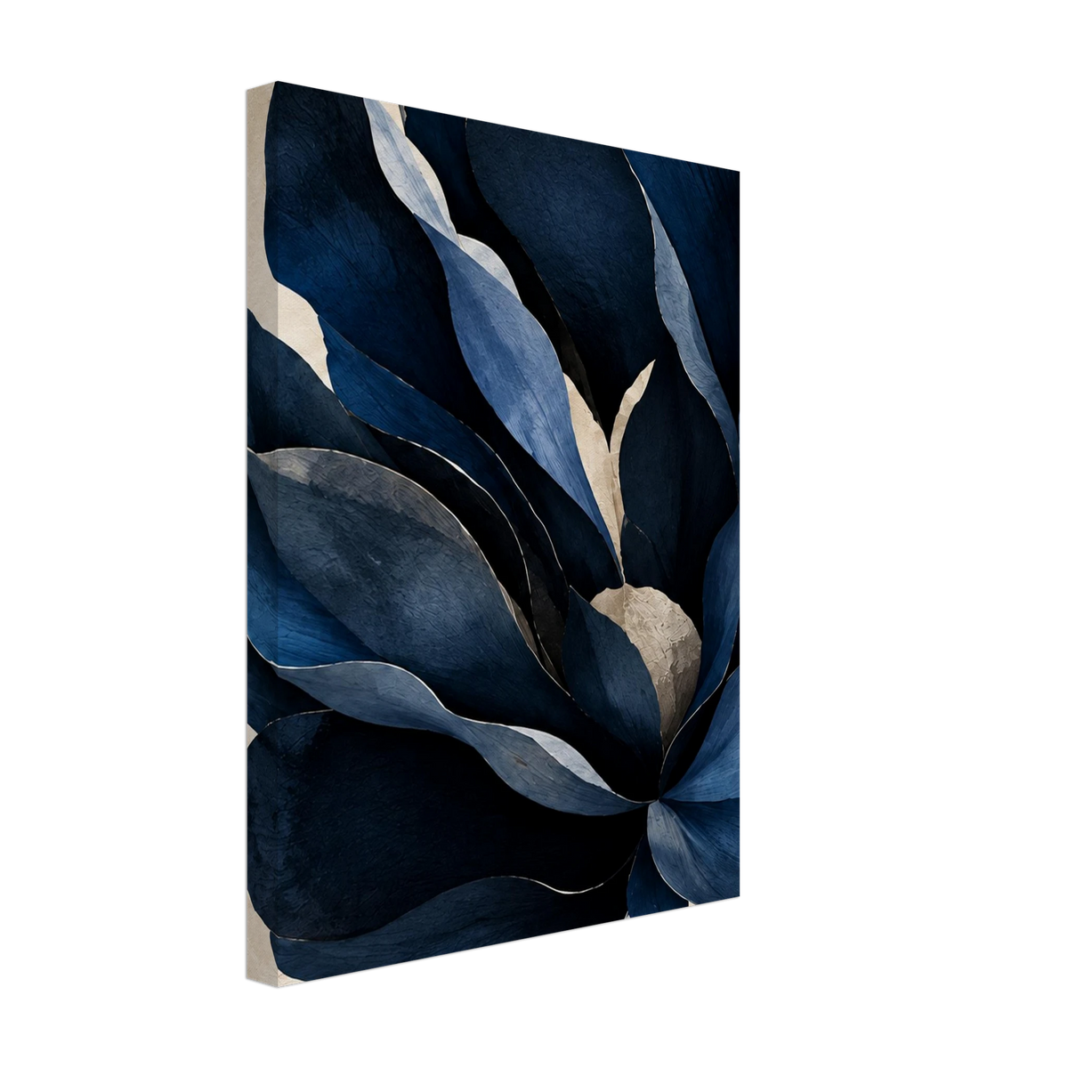 Oversized navy blue flower petals on a textured cream background on canvas, shown from an angle.