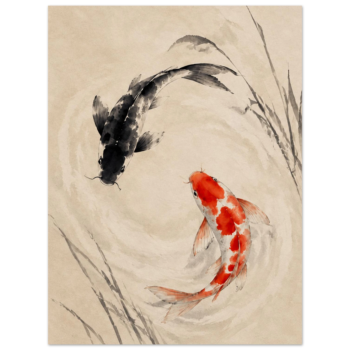 Red and black koi fish circling on a beige background with delicate reeds as an unframed poster.