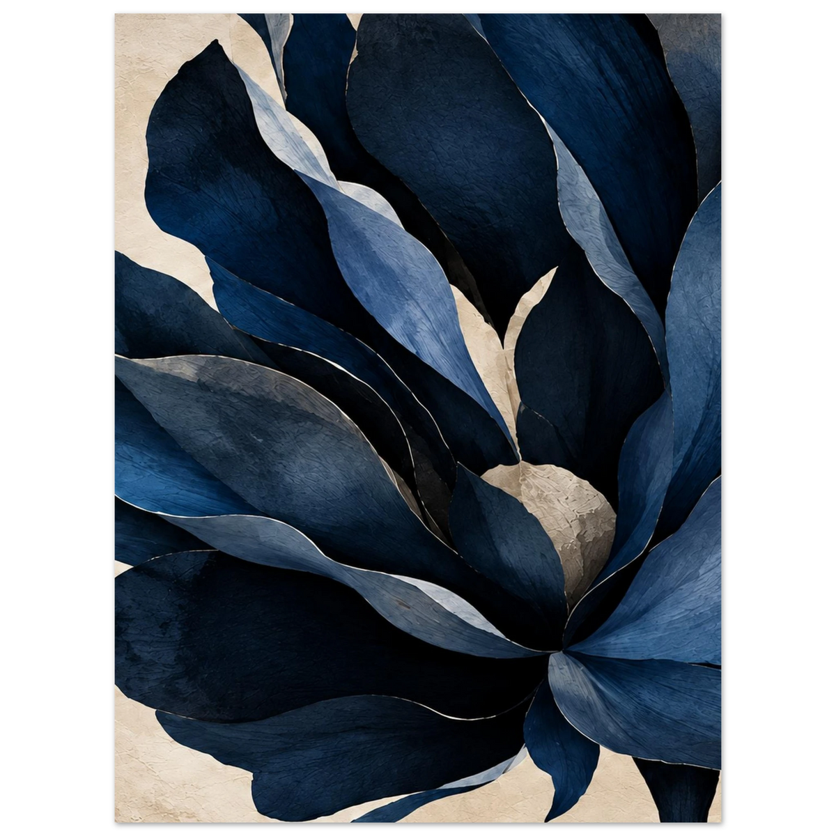 Oversized navy blue flower petals on a textured cream background as an unframed poster.
