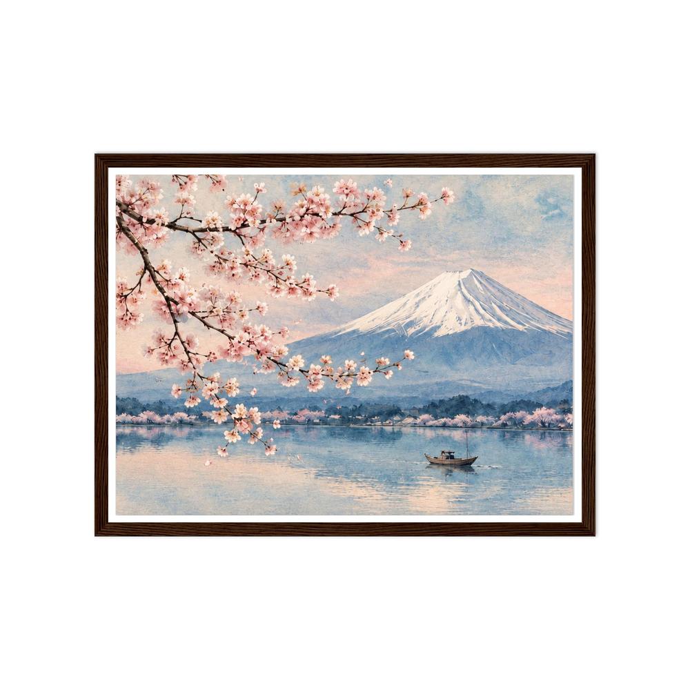 Pink cherry blossoms framing snow-capped Mount Fuji above a blue lake in a dark wood frame.