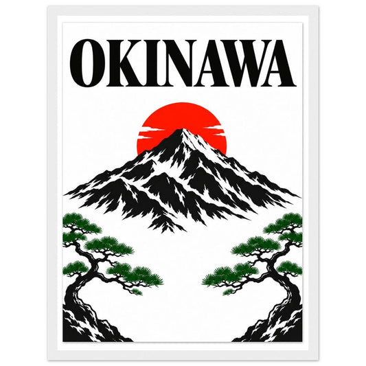 Black mountain beneath a red sun, green pine branches and bold Okinawa lettering in a white frame.