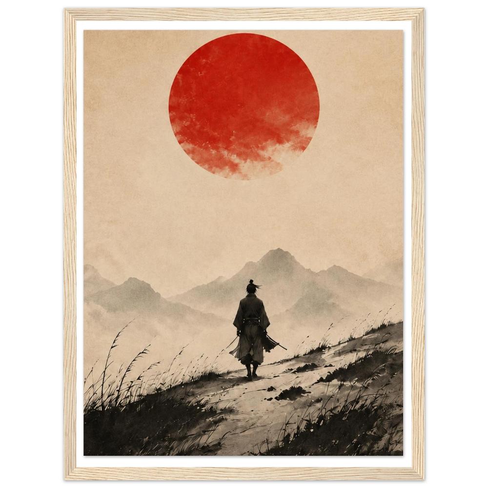 Lone samurai on a mountain path beneath a large red sun in a beige sky in a natural wood frame.
