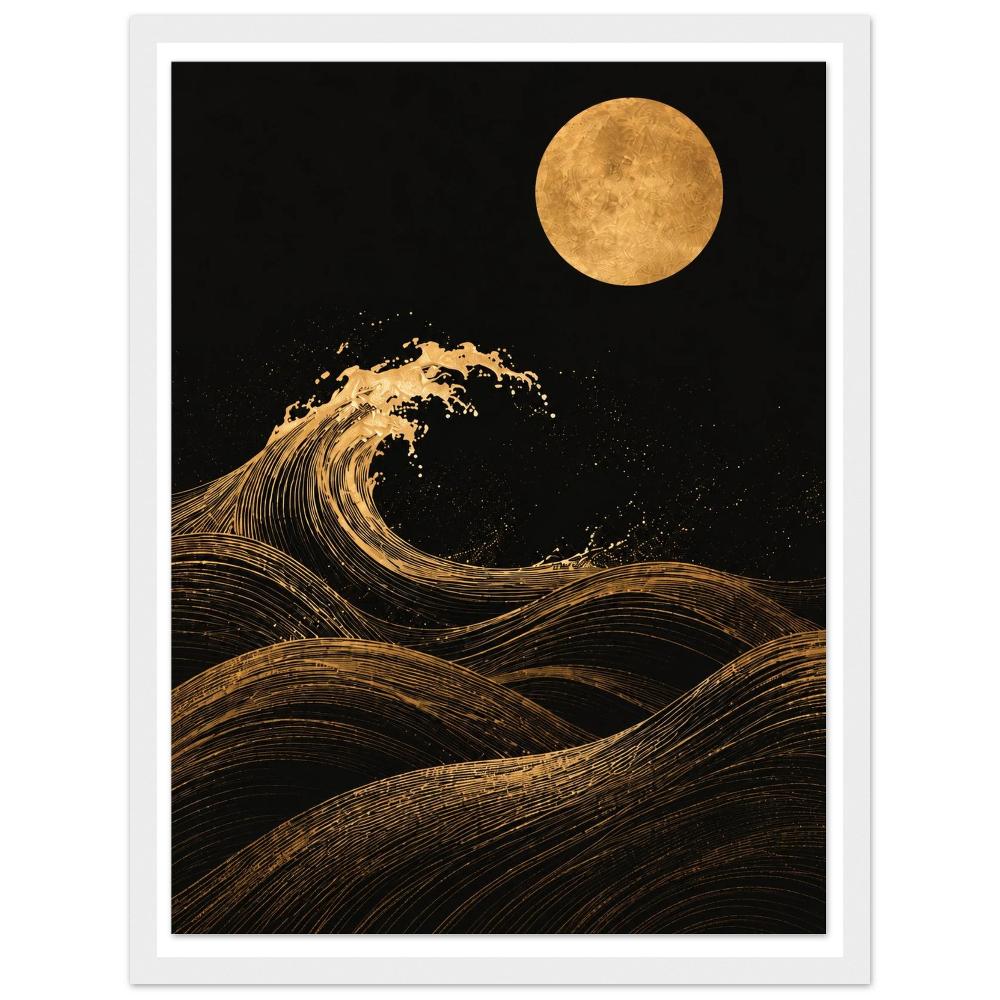Gold-toned curling wave and full moon against a black night sky in a white frame.