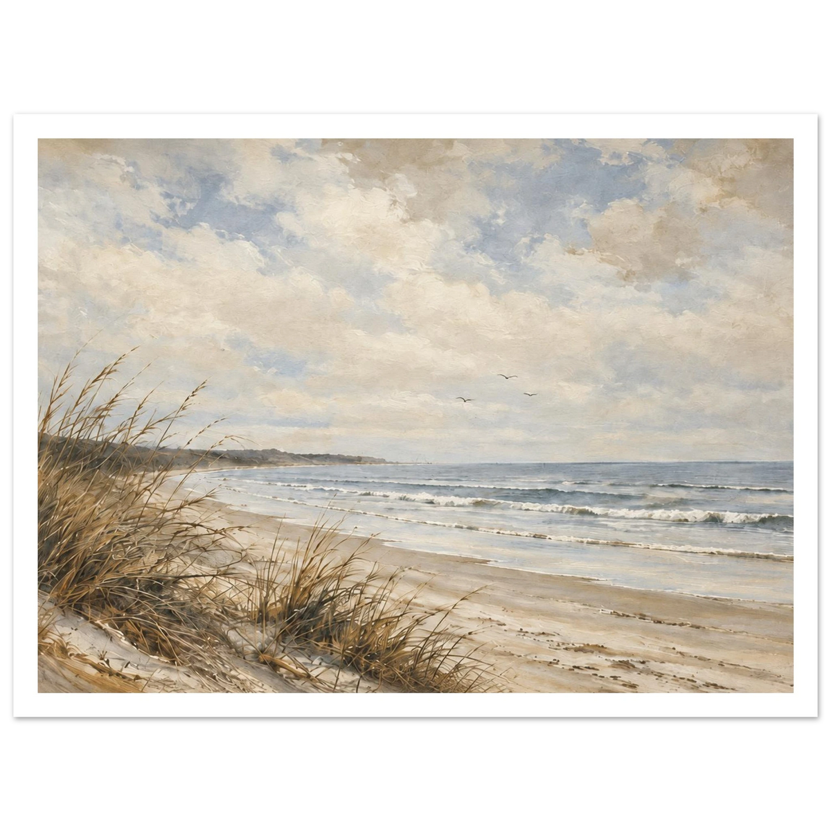 Beach grasses on sandy dunes beside gentle waves under a cloudy blue sky as an unframed poster.