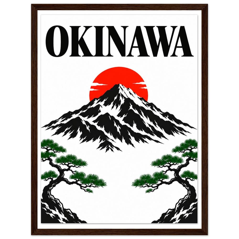 Black mountain beneath a red sun, green pine branches and bold Okinawa lettering in a dark wood frame.