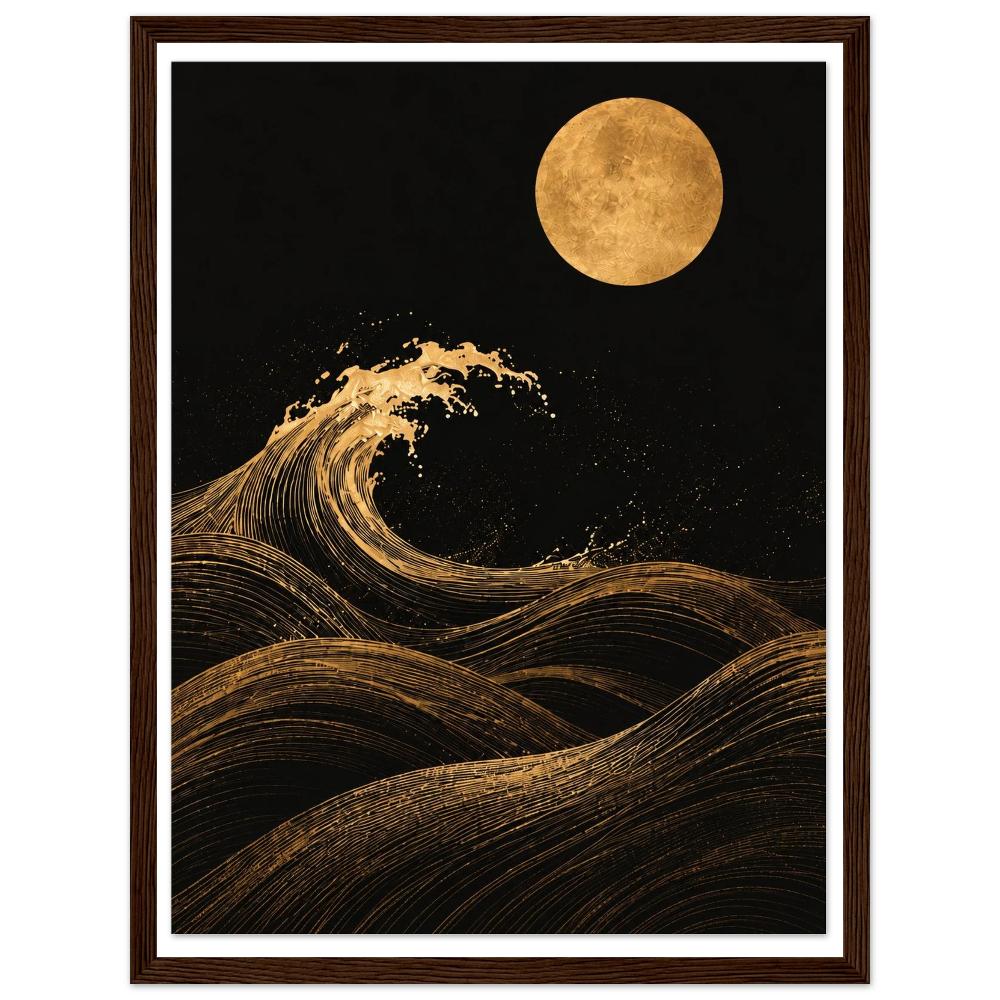 Gold-toned curling wave and full moon against a black night sky in a dark wood frame.