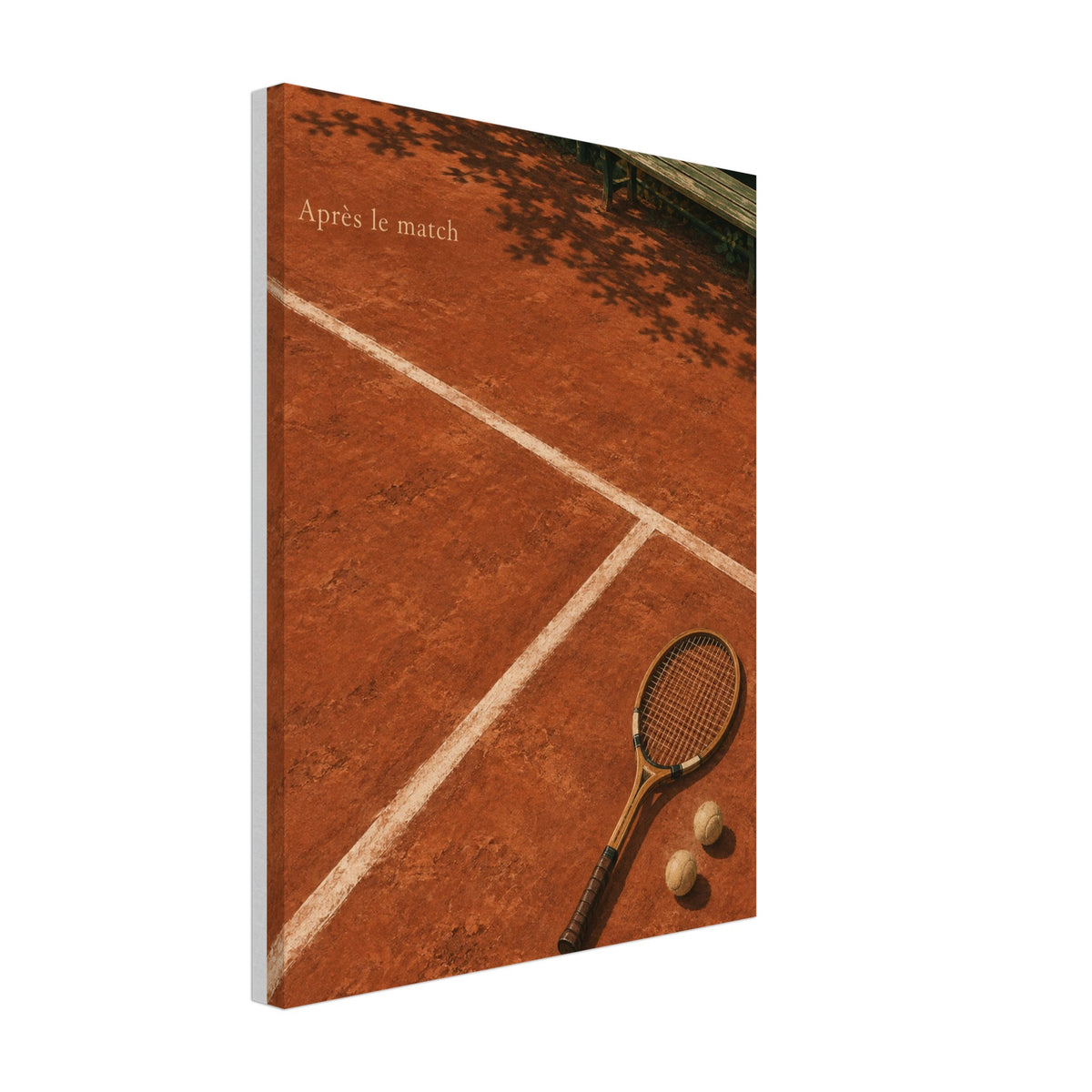 Wooden tennis racket and two balls on a terracotta court with leafy shadows printed on canvas.