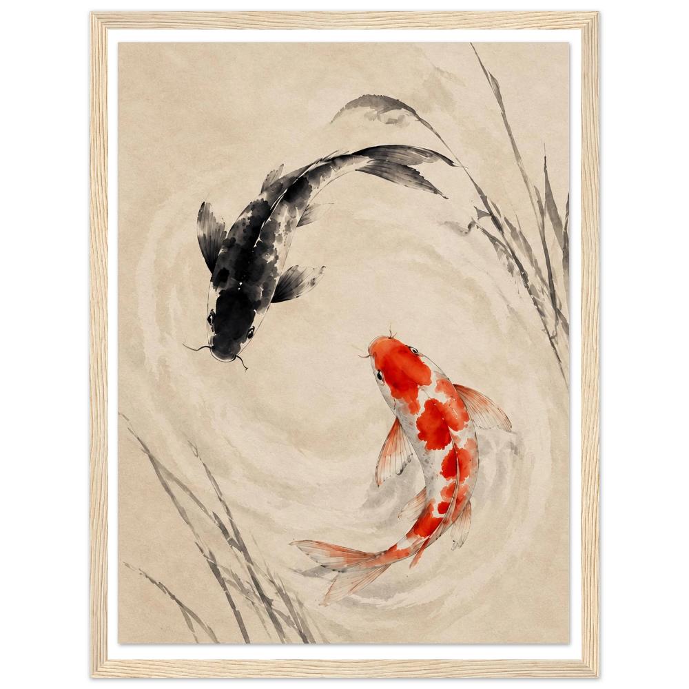 Red and black koi fish circling on a beige background with delicate reeds in a natural wood frame.