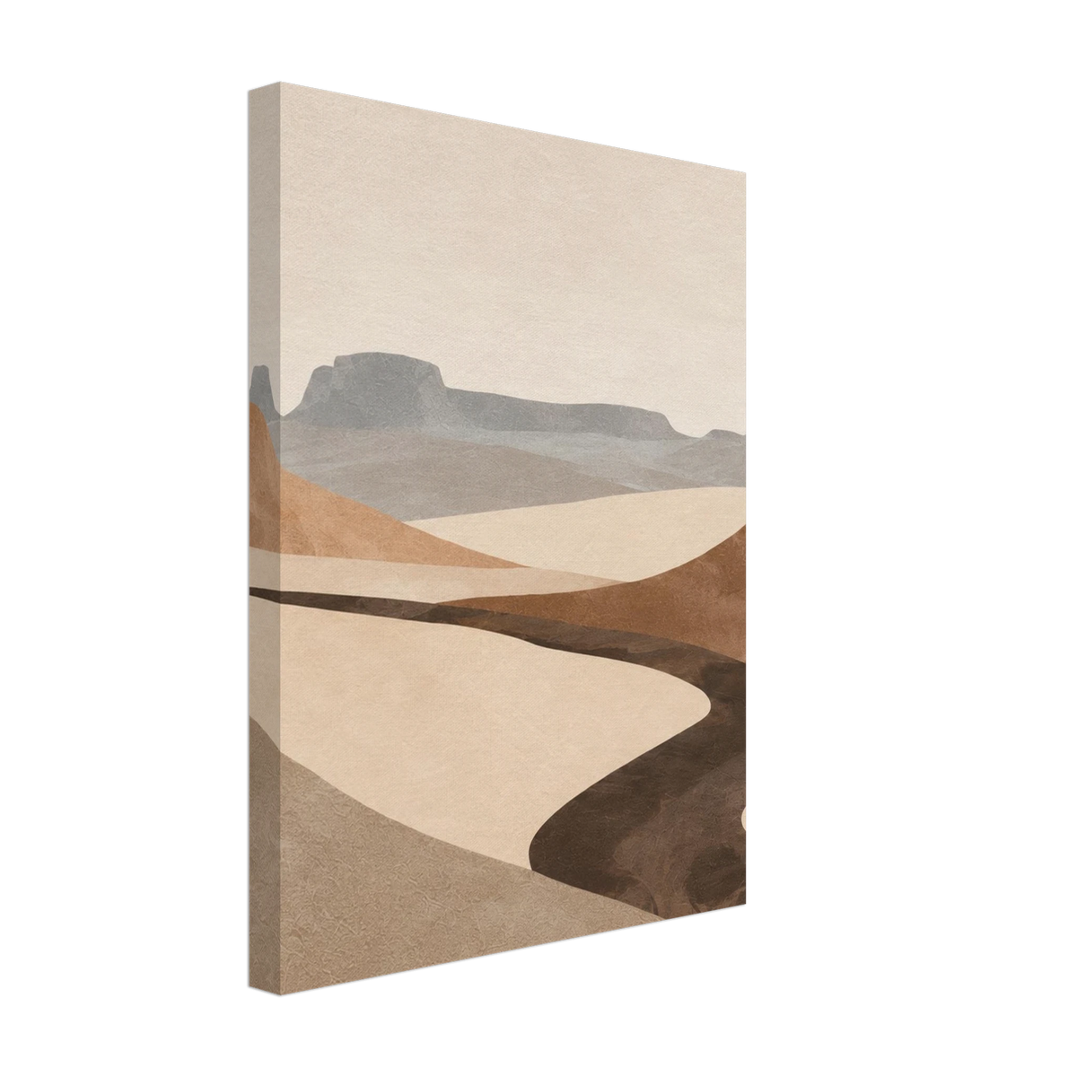 Dark winding river shape through beige desert dunes below grey mesas as a canvas print.