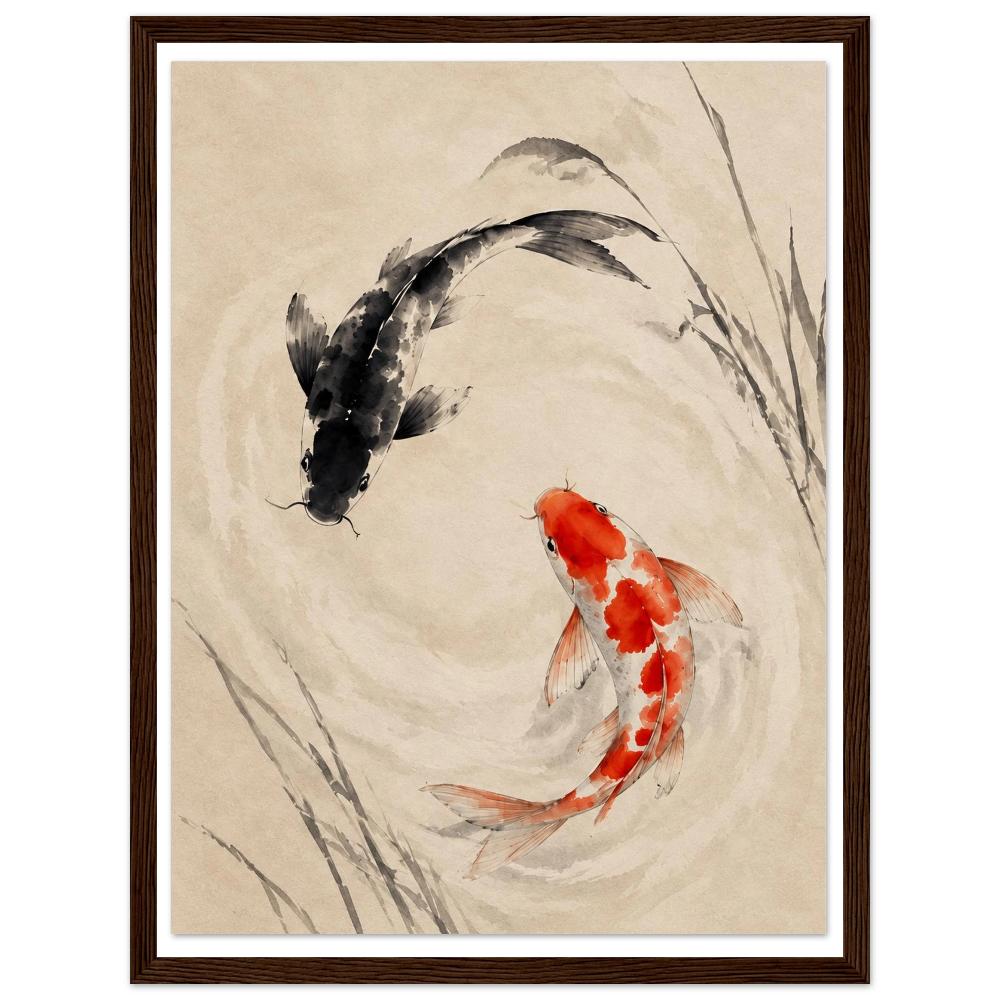 Red and black koi fish circling on a beige background with delicate reeds in a dark wood frame.