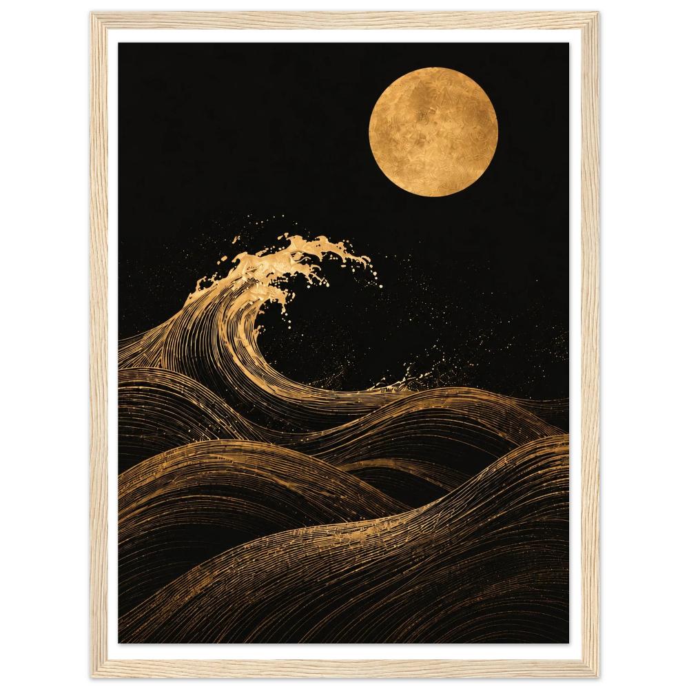Gold-toned curling wave and full moon against a black night sky in a natural wood frame.
