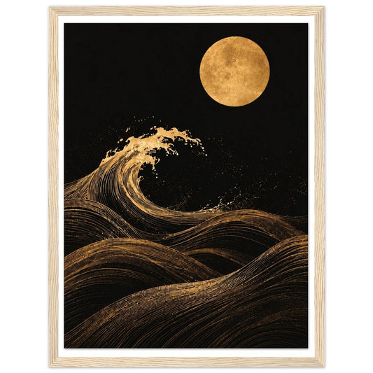 Gold-toned curling wave and full moon against a black night sky in a natural wood frame.