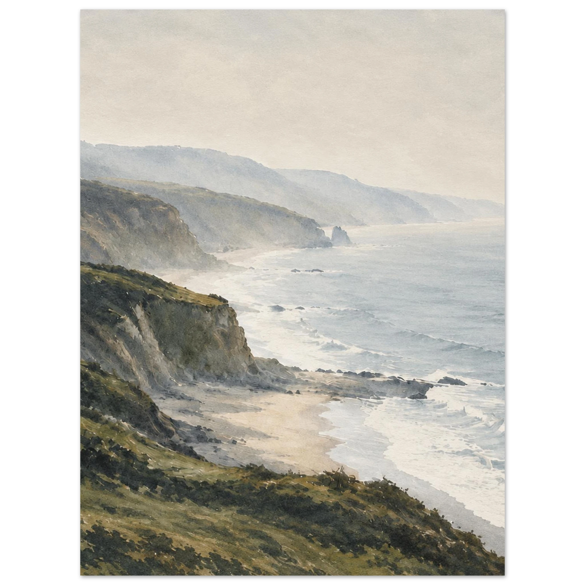 Green coastal cliffs and white surf beside a misty blue-grey sea as an unframed poster.