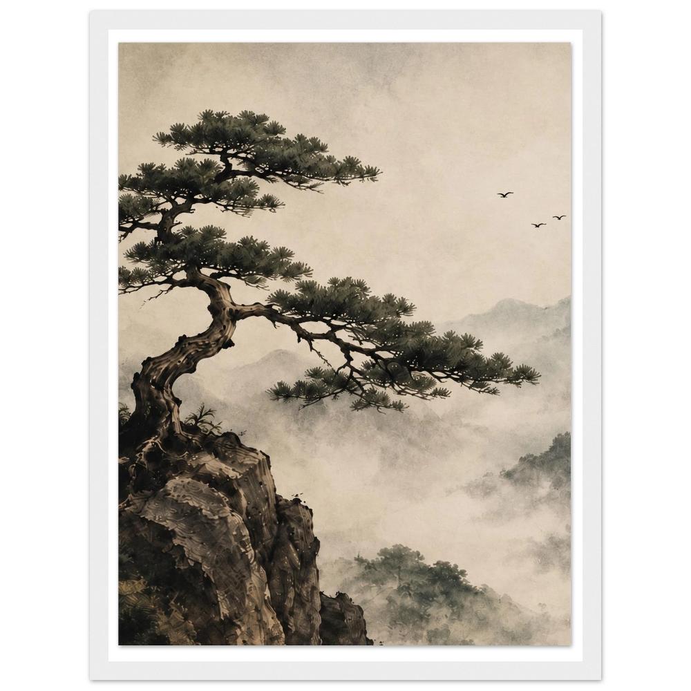 Pine tree reaching from a rocky cliff above misty mountains with birds in the sky in a white frame.