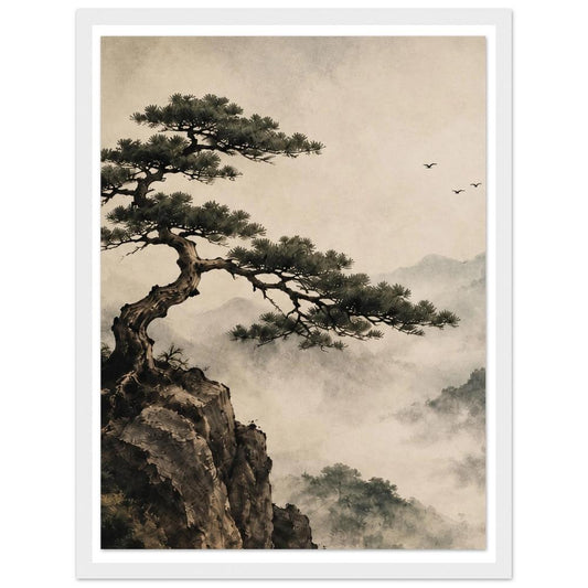 Pine tree reaching from a rocky cliff above misty mountains with birds in the sky in a white frame.