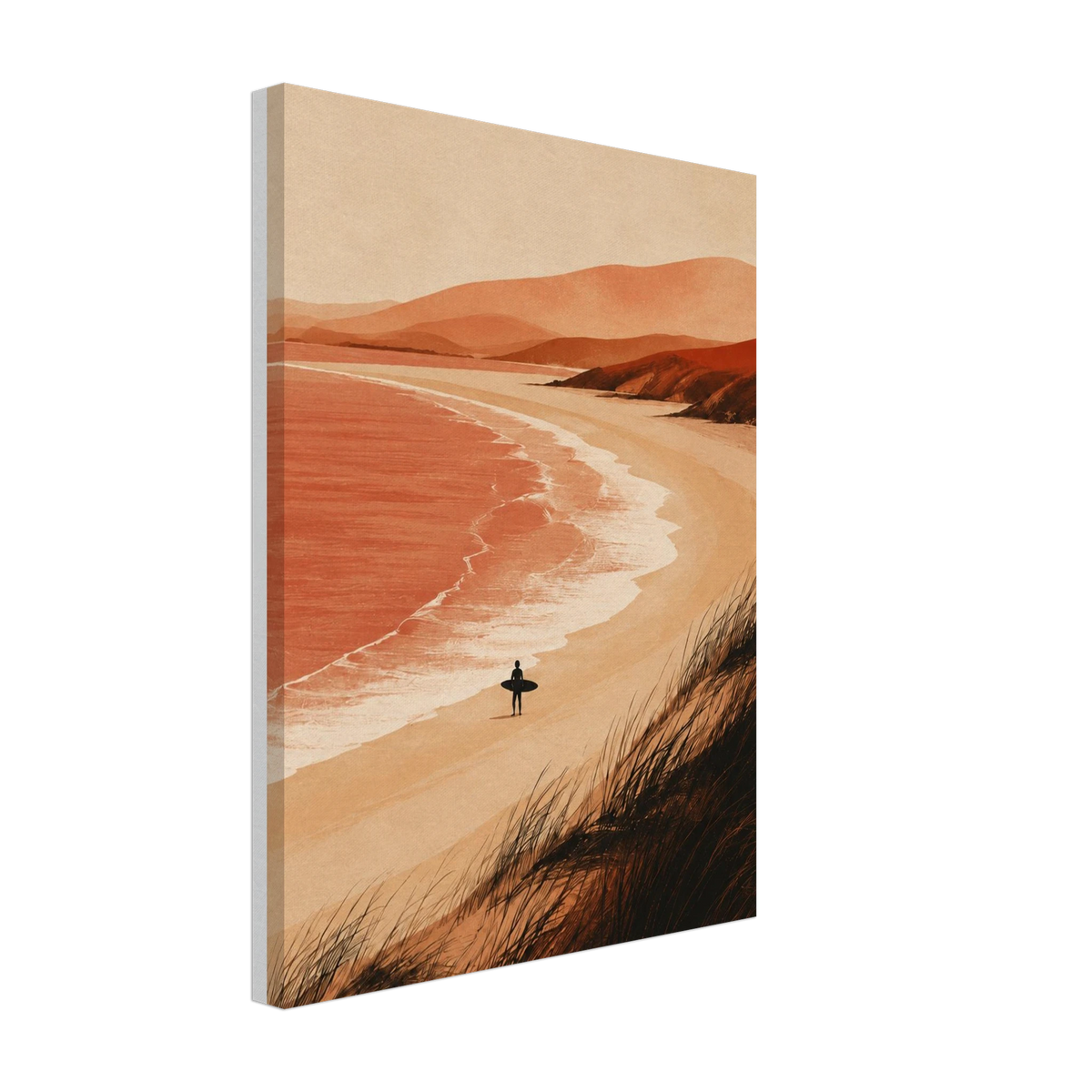 Lone surfer on a sandy beach beside coral waves and terracotta dunes as a canvas print.
