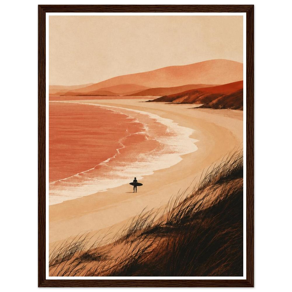 Lone surfer on a sandy beach beside coral waves and terracotta dunes in a dark wood frame.