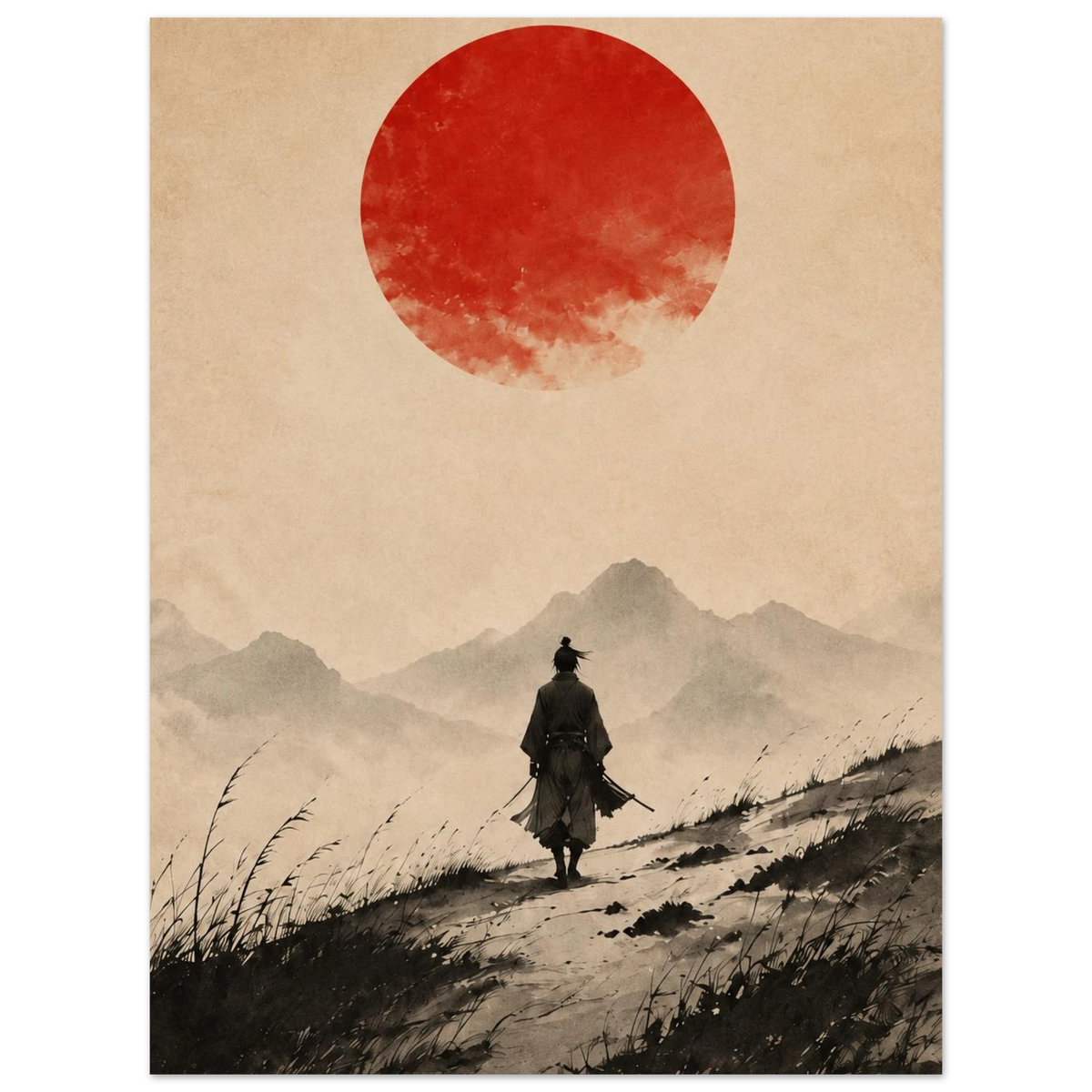 Lone samurai on a mountain path beneath a large red sun in a beige sky as an unframed poster.