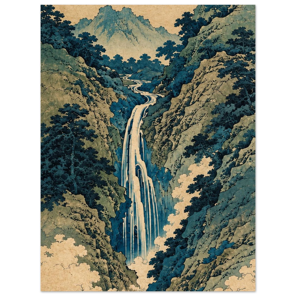 Tall waterfall between blue-green wooded cliffs with mountains in the distance as an unframed poster.