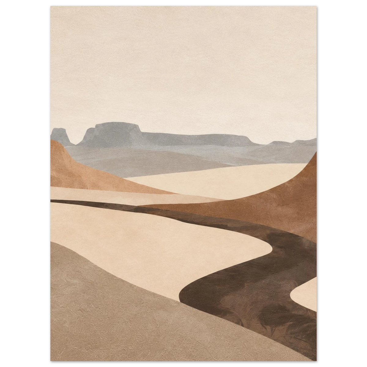 Dark winding river shape through beige desert dunes below grey mesas as an unframed poster.