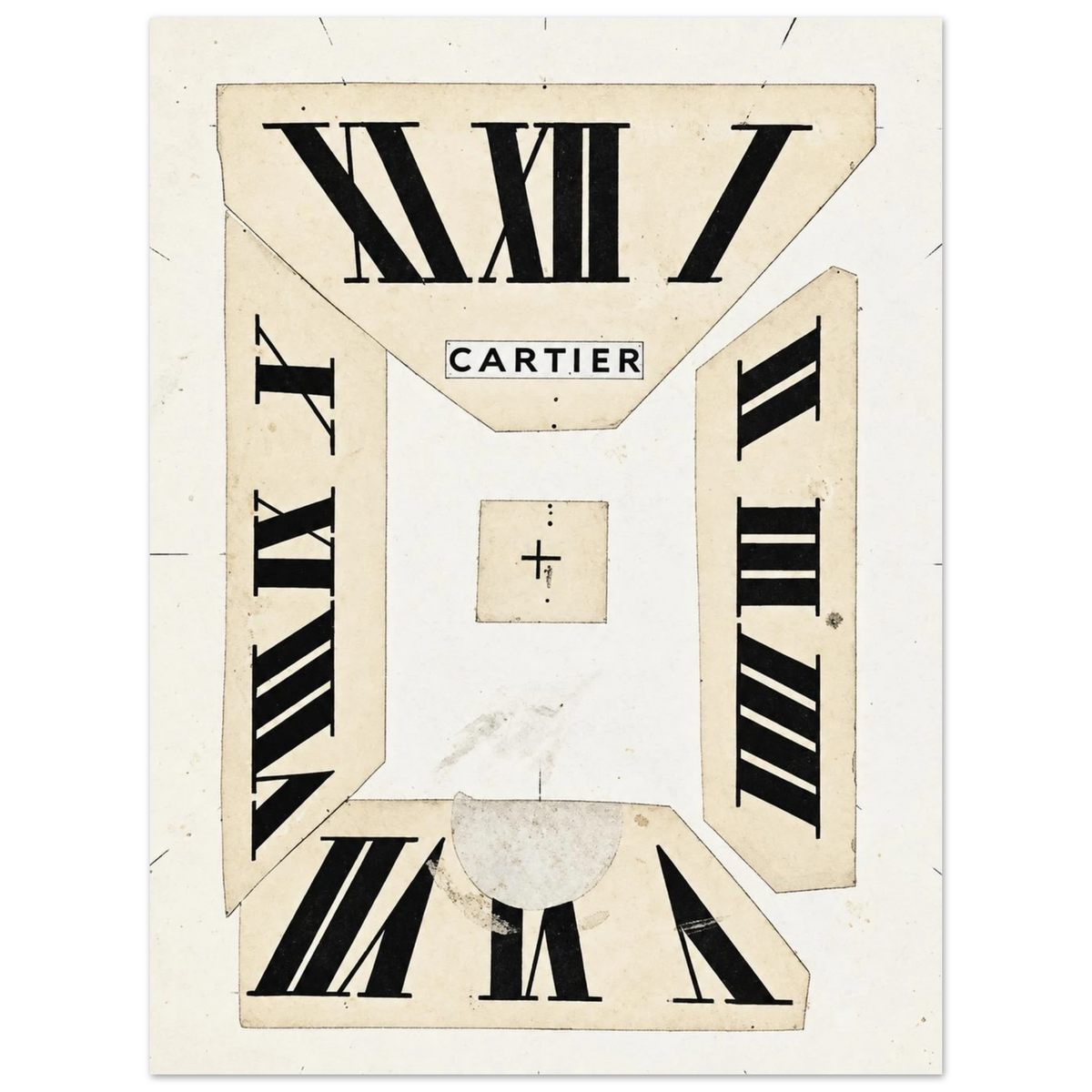 Fragmented ivory clock face with oversized black Roman numerals as an unframed poster.