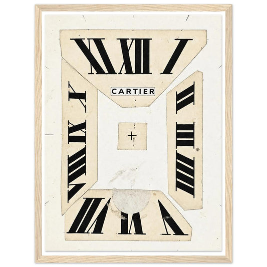 Fragmented ivory clock face with oversized black Roman numerals in a natural wood frame.